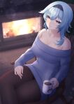  1girl absurdres bare_shoulders baron_bunny_(genshin_impact) black_hairband black_pantyhose blue_hair blue_sweater breasts chair cleavage commentary_request cup eula_(genshin_impact) fire fireplace genshin_impact grin hairband highres holding holding_cup indoors kirima_(user_danf8787) large_breasts long_hair long_sleeves looking_at_viewer mug off-shoulder_sweater off_shoulder pantyhose sitting smile solo sweater thighs yellow_eyes 