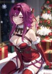  1girl alternate_costume bare_shoulders box breasts christmas christmas_tree cleavage commentary dress elbow_gloves fur-trimmed_gloves fur_choker fur_trim gift gift_box gloves helloimtea highres honkai:_star_rail honkai_(series) kafka_(honkai:_star_rail) large_breasts long_hair looking_at_viewer purple_eyes purple_hair red_dress red_gloves red_thighhighs santa_costume santa_dress seiza short_dress sitting smile solo strapless strapless_dress thighhighs thighs 