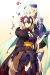  armor bare_shoulders blonde_hair breasts brynhildr_(fate) fate/grand_order fate/prototype fate/prototype:_fragments_of_blue_and_silver fate_(series) grail hair_over_one_eye jeanne_d'arc_(alter)_(fate) jeanne_d'arc_(fate)_(all) large_breasts long_hair multiple_girls oiun short_hair silver_hair smile very_long_hair yellow_eyes yuri 
