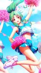  1girl :d bare_arms bare_legs blue_skirt blue_sky bra cheerleader crop_top day doukyuusei doukyuusei_another_world floating_hair full_body game_cg green_hair hair_ribbon jumping legs_up long_hair looking_at_viewer midriff miniskirt official_art open_mouth outdoors panties pink_bra pink_panties pink_ribbon pink_socks pleated_skirt pom_pom_(cheerleading) ponytail ribbon sakuma_chiharu skirt sky smile socks solo_focus stomach underwear white_footwear yellow_eyes 