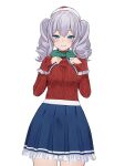  1girl blue_eyes blue_skirt breasts frilled_skirt frills fur-trimmed_sleeves fur_trim grey_hair kantai_collection kashima_(kancolle) long_hair long_sleeves looking_at_viewer medium_breasts pleated_skirt red_sweater simple_background skirt smile solo standing sweater twintails wavy_hair white_background zepyuros 