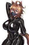  1girl agnes_tachyon_(umamusume) ahoge alternate_costume animal_ears arm_up black_bodysuit black_mask blush bodysuit breasts brown_hair commentary_request cowboy_shot earrings hair_between_eyes hand_on_own_chest highres horse_ears horse_girl horse_tail jewelry large_breasts latex latex_bodysuit mask miya_nns35 mouth_mask red_eyes short_hair simple_background single_earring solo tail umamusume white_background 