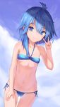  asymmetrical_hair bikini blue_bikini blue_eyes blue_hair cameltoe cowboy_shot flat_chest kantai_collection looking_at_viewer minazuki_(kantai_collection) misiro_lek short_hair_with_long_locks smile solo swimsuit v 