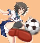  ass ball black_hair brown_eyes highres kantai_collection kicking loafers miyuki_(kantai_collection) open_mouth panties pantyshot pantyshot_(kicking) pantyshot_(standing) pleated_skirt school_uniform serafuku shoes short_hair skirt smile soccer_ball solo standing tamayan underwear white_panties 