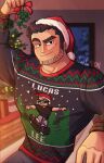 1boy artist_name bara black_hair black_sweater blush christmas closed_mouth facial_hair grey_pants hat highres holding large_pectorals looking_at_viewer lucas_lee male_focus muscular muscular_male nunu_(nunu91011) pants pectorals santa_hat scott_pilgrim_(series) scott_pilgrim_takes_off short_hair smile solo sweater 