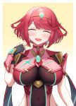  1girl :d ^_^ absurdres artist_name black_gloves blush breasts chest_jewel closed_eyes core_crystal_(xenoblade) covered_navel dangle_earrings earrings fingerless_gloves gloves headpiece highres jewelry large_breasts open_mouth pyra_(xenoblade) red_hair short_hair simple_background smile solo swept_bangs taro_(peach_taro51) tears upper_body xenoblade_chronicles_(series) xenoblade_chronicles_2 yellow_background 