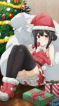  1girl belt black_belt black_hair black_thighhighs bloomers blush box breasts brown_eyes christmas_ornaments christmas_present christmas_tree cleavage closed_mouth dress elbow_gloves fate/kaleid_liner_prisma_illya fate_(series) fur-trimmed_dress fur-trimmed_footwear fur-trimmed_headwear fur_trim game_cg gift gift_box gloves hair_ornament hairclip hat highres looking_at_viewer miyu_edelfelt official_art red_dress red_footwear red_gloves red_headwear sack santa_costume santa_dress santa_hat sidelocks sitting small_breasts smile solo thighhighs thighs third-party_source white_bloomers 
