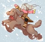  ^_^ animal boots closed_eyes coat dog earmuffs makkachin male_focus mittens open_mouth riding scarf silver_hair smile snowing tongue tongue_out viktor_nikiforov whitemop_jog younger yuri!!!_on_ice 