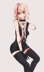  1girl amputee android black_thighhighs blonde_hair breasts chest_jewel girls&#039;_frontline grey_background highres ki_lllorz long_hair looking_at_viewer m4_sopmod_ii_(girls&#039;_frontline) multicolored_hair red_eyes red_hair simple_background sitting sleeveless solo thighhighs 