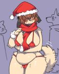2023 absurd_res anthro arm_tuft background_character big_breasts bikini black_nose blush blush_lines bodily_fluids breasts brown_hair camel_toe canid canine canis christmas christmas_clothing christmas_headwear chubby_female clothing domestic_dog female fluffy fluffy_tail fur grey_ears group hair hair_over_eyes hat headgear headwear hi_res holidays kemono leg_tuft looking_at_another male mammal monotone_body monotone_fur mostly_nude navel outside pizademokttero red_bikini red_clothing red_scarf red_swimwear santa_hat scarf simple_background slightly_chubby smile sweat swimwear tail tail_motion tailwag tan_body tan_fur tuft
