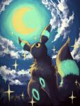  7_phi_3 alternate_color animal_focus black_fur closed_mouth cloud commentary_request crescent_moon from_below highres huge_moon moon night night_sky no_humans pokemon pokemon_(creature) shiny_pokemon sitting sky sparkle umbreon yellow_eyes 