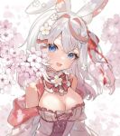 1girl animal_ear_fluff blue_eyes breasts cleavage flower hair_flower hair_intakes hair_ornament hair_ribbon large_breasts long_hair melonyx multicolored_hair open_mouth pink_flower pink_hair rabbit_girl red_ribbon ribbon sibyl side_ponytail smile solo streaked_hair virtual_youtuber wakasa_ito white_flower white_hair 