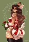&lt;3 anthro biped breasts brown_body butt clothed clothing deer eyelashes female fur hi_res legwear looking_at_viewer looking_back mammal pupils smile thigh_highs tiggybloom