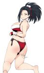  1girl ass barefoot bikini black_eyes black_hair boku_no_hero_academia breasts closed_mouth commentary from_behind fur_trim hair_pulled_back large_breasts long_hair looking_at_viewer ponytail relaxjon simple_background smile solo string_bikini swimsuit thick_thighs thighs white_background yaoyorozu_momo 