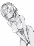  1girl :i absurdres bare_arms bare_legs bare_shoulders between_legs bikini blush breasts dark-skinned_female dark_skin flower greyscale hair_between_eyes hair_flower hair_ornament half_updo hand_between_legs highres hololive large_breasts looking_at_viewer monochrome nanashi_(nlo) o-ring o-ring_bikini plaid plaid_scarf pointy_ears pout scarf shiranui_flare simple_background solo swimsuit virtual_youtuber 