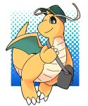  animal_focus bag black_bag black_eyes bright_pupils claws closed_mouth colored_skin dragon dragon_wings dragonite green_headwear highres no_humans orange_skin otyappa_tyabatyaba pokemon pokemon_(creature) shoulder_bag simple_background smile solo white_background wings 