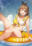  1girl ;d asymmetrical_hair atelier_(series) atelier_ryza bikini blue_sky bow_hairband braid breasts brown_eyes brown_hair character_name cleavage cloud collarbone comiket_103 commentary_request crown_braid earrings hair_ornament hairband hairclip happy highres jewelry large_breasts leg_up looking_at_viewer ocean official_art on_innertube one_eye_closed reisalin_stout short_hair single_sidelock sky smile solo star_(symbol) star_earrings swimsuit toridamono two-tone_bikini x_hair_ornament yellow_innertube 