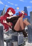  ! 1girl bare_shoulders black_choker black_dress black_footwear boots breasts character_request choker city cleavage commentary copyright_request dress giant giantess highres juliet_sleeves jun_(navigavi) large_breasts long_hair long_sleeves off-shoulder_shirt off_shoulder open_mouth pantyhose pencil_dress puffy_sleeves red_hair shirt short_sleeves solo spoken_exclamation_mark thighs toeless_footwear very_long_hair yellow_eyes 