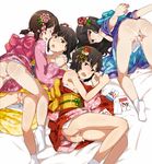  after_sex black_hair brown_eyes brown_hair censored closed_eyes cum cum_in_pussy d: facial flat_chest flower fubuki_(kantai_collection) green_eyes hair_flower hair_ornament hatsuyuki_(kantai_collection) japanese_clothes kantai_collection kimono low_twintails miyuki_(kantai_collection) multiple_girls new_year no_shoes open_clothes open_kimono open_mouth otoshidama sakura_(medilore) shirayuki_(kantai_collection) short_hair short_twintails skirt socks tabi tears twintails white_background 