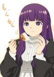  1girl :t black_jacket breasts closed_mouth commentary_request dress eating fern_(sousou_no_frieren) food food_on_face fork hands_up holding holding_fork isse jacket long_hair long_sleeves medium_breasts open_clothes open_jacket puffy_long_sleeves puffy_sleeves purple_eyes purple_hair solo sound_effects_only sousou_no_frieren translated upper_body white_background white_dress 