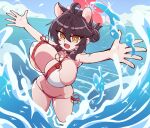  1girl :d ahoge animal_ears bikini blue_archive bouncing_breasts breasts bright_pupils brown_hair fang hair_bun halo highres huge_breasts kaede_(blue_archive) masked_agent ocean open_mouth oppai_loli outstretched_arms short_hair side-tie_bikini_bottom sidelocks single_hair_bun smile solo splashing spread_arms swimsuit unaligned_breasts wading water white_pupils yellow_eyes 