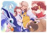  1boy 1girl arven_(pokemon) braid brown_hair closed_eyes collared_shirt colored_sclera dedenne fuecoco greedent hair_over_one_eye hatterene highres hug juliana_(pokemon) koraidon light_brown_hair long_hair mabosstiff multicolored_hair necktie open_clothes open_mouth open_vest pants patata_sms pokemon pokemon_(creature) pokemon_sv purple_necktie purple_pants purple_shorts school_uniform shirt short_hair shorts side_braid single_braid smile uva_academy_(emblem) uva_academy_school_uniform vest yellow_vest 