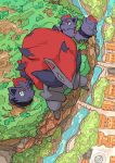  animal_focus aomon_(yuuji7604) black_fur blue_eyes commentary_request evolutionary_line from_above grass highres house long_hair no_humans on_grass pokemon pokemon_(creature) red_hair river sitting water zoroark zorua 