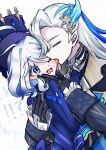  !? 1boy 1girl black_gloves blue_eyes blue_hair blush closed_eyes commentary_request furina_(genshin_impact) genshin_impact gloves grey_hair hair_ornament hand_on_another&#039;s_face hat hetero highres hug licking long_hair multicolored_hair neuvillette_(genshin_impact) one_eye_closed short_hair simple_background surprised upper_body usagi_paint wavy_mouth white_background 