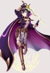  absurdres alternate_costume black_hair boots cape commission commissioner_upload ebrietas_(arayaejiri) electricity eyes_of_grima fingerless_gloves fire_emblem fire_emblem_awakening gloves highres holding holding_sword holding_weapon levin_sword morgan_(female)_(fire_emblem) morgan_(fire_emblem) purple_eyes smirk sword weapon 