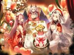  3girls absurdres azur_lane balloon bare_shoulders blush box breasts cake choker christmas_cake christmas_ornaments closed_mouth commentary_request company_connection company_name copyright_name cup dress feathered_wings feathers fingerless_gloves food fork fur_trim gift gift_box gloves hair_ornament hat highres holding holding_cup indoors joffre_(azur_lane) la_galissonniere_(azur_lane) logo long_hair looking_at_viewer marseillaise_(azur_lane) medium_breasts multiple_girls official_art parted_lips pink_hair plate pom_pom_(clothes) purple_eyes red_eyes salad santa_hat simple_background sitting sleeveless smile table twintails white_hair wide_sleeves wings yohaku 
