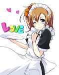  blue_eyes brown_hair finger_to_mouth hanamuke highres index_finger_raised kousaka_honoka love_live! love_live!_school_idol_project maid maid_headdress one_eye_closed one_side_up short_hair simple_background smile solo white_background 