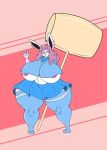 5_fingers anthro areola big_breasts bottomwear breasts clothing female fingers generation_1_pokemon green_eyes hair hammer hi_res huge_breasts legwear maria_(bunbun_maria) nintendo pink_body pink_hair pokemon pokemon_(species) shirt skirt solo stockings thick_thighs tools topwear unknown_artist wigglytuff