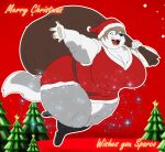 2023 5_fingers anthro bag big_breasts black_nose boots breasts brown_body brown_fur canid canine canis christmas christmas_clothing christmas_headwear christmas_tree claws cleavage clothed clothing dress english_text fangs female finger_claws fingers footwear fur grey_body grey_fur hat headgear headwear hi_res holidays huge_breasts huge_thighs humanoid_hands mammal multicolored_body multicolored_fur open_mouth open_smile overweight overweight_anthro overweight_female plant santa_hat smile solo sophia_(xxsparcoxx) tail teeth text thick_thighs tongue tree two_tone_body two_tone_fur white_body white_fur wolf xxsparcoxx