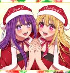  2girls blonde_hair blush capelet choker collarbone commentary english_commentary fuku_(fukufuku_0703) fur-trimmed_capelet fur_trim hair_between_eyes half_updo highres holding_hands hoshino_ai_(oshi_no_ko) hoshino_ruby interlocked_fingers letterboxed long_hair looking_at_viewer merry_christmas mismatched_pupils mother_and_daughter multiple_girls no_pupils open_mouth oshi_no_ko pink_choker pink_eyes purple_eyes purple_hair red_capelet ribbon_choker santa_costume sidelocks smile star-shaped_pupils star_(symbol) symbol-shaped_pupils teeth twitter_username upper_body 