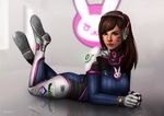  aelini animal_print bangs bodysuit breasts brown_eyes brown_hair bunny_print clenched_hands clothes_writing commentary crossed_legs d.va_(overwatch) facepaint facial_mark full_body gloves grey_background headphones high_collar highres legs_up lips logo long_hair looking_at_viewer lying medium_breasts nose on_stomach overwatch pilot_suit reflection ribbed_bodysuit shoulder_pads skin_tight solo swept_bangs whisker_markings white_gloves 