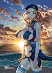  2017 belt beret breasts brown_eyes brown_hair cecilia_campbell cloud covered_nipples dated ge_xi hat highres large_breasts levasol_defense_corps looking_at_viewer navel ocean original revealing_clothes sky solo sun sunrise thighhighs waves wavy_hair witch witches_in_7th_base 