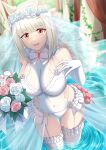  1girl absurdres alternate_breast_size alternate_costume animal_ears blunt_bangs blurry blurry_background breasts bridal_veil commentary_request covered_navel detached_sleeves dress flower grey_hair happy_meek_(umamusume) highres hime_cut horse_ears horse_girl horse_tail jewelry large_breasts looking_at_viewer open_mouth red_eyes ribbon ring same_kujira_(challenger_310) solo tail thighhighs umamusume veil water wedding_dress wedding_ring 