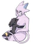 ambiguous_gender anthro areola between_breasts big_breasts black_body black_fur breasts canid canine duo eeveelution espeon female fur generation_2_pokemon generation_6_pokemon hi_res larger_anthro larger_female mammal nintendo nipples nude pink_body pink_fur pokemon pokemon_(species) purple_areola purple_nipples sanchu simple_background size_difference smaller_anthro tail umbreon