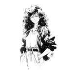  1girl aliens alzandahh curly_hair ellen_ripley expressionless hands_in_pockets highres jacket long_hair messy_hair monochrome open_clothes open_jacket pants shirt sketch sleeves_rolled_up solo white_background 