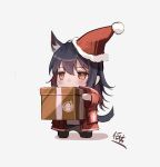  1girl ahoge alternate_costume animal_ear_fluff animal_ears arknights artist_name blue_hair blue_tail blurry blush box brown_eyes brown_footwear chibi christmas christmas_present coat colored_inner_hair commentary covered_mouth donata_(donatasama) extra_ears eyelashes from_side full_body fur-trimmed_headwear fur_trim gift gift_box gift_wrapping grey_pants hair_between_eyes hands_up hat highres holding holding_gift invisible_floor long_hair long_sleeves looking_afar looking_ahead multicolored_hair open_clothes open_coat pants penguin_logistics_logo pocket pom_pom_(clothes) pouch red_coat red_hair red_headwear santa_hat shirt sidelocks signature simple_background solo standing tail texas_(arknights) two-tone_hair white_background white_shirt wide_sleeves wolf_ears wolf_girl wolf_tail 