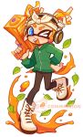  1girl black_pants blue_eyes commission english_commentary full_body green_jacket gun hairband hand_on_own_hip headphones holding holding_gun holding_weapon inkling inkling_girl jacket leaf one_eye_closed open_mouth orange_hair paint pants shoes short_hair simple_background solo splatoon_(series) splatoon_3 splattershot_jr_(splatoon) teeth tentacle_hair tokkibada upper_teeth_only watermark weapon white_background white_footwear white_hairband zipper zipper_pull_tab 