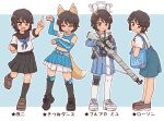  1girl animal_ears bag black_footwear black_sailor_collar black_skirt black_socks blue_archive blue_bag blue_gloves blue_shirt blue_skirt blue_tank_top blush bocchi-ya-nawi bolt_action brown_eyes brown_footwear brown_hair closed_eyes closed_mouth commentary_request cosplay crop_top elbow_gloves fake_animal_ears fingerless_gloves from_side full_body gloves grey_halo grin gun halo headgear highres hokkaido_nippon-ham_fighters kantai_collection kitsune_dance knee_pads kneehighs lawson layered_skirt leaf leaf_on_head loafers medium_skirt miyu_(blue_archive) miyu_(blue_archive)_(cosplay) miyuki_(kancolle) miyuki_kai_ni_(kancolle) mosin-nagant multiple_views nippon_professional_baseball open_mouth pantyhose pleated_skirt rabbit_ears rifle sailor_collar sailor_shirt school_uniform serafuku shirt shoes short_hair short_sleeves shoulder_bag single_knee_pad skirt smile sneakers socks standing standing_on_one_leg suspender_skirt suspenders tank_top weapon white_footwear white_pantyhose white_sailor_collar white_shirt 