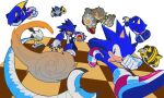  6+boys animal_ears animal_nose chasing commentary english_commentary furry furry_male gloves male_focus mecha_sonic_mki_(8-bit) mecha_sonic_mkii metal_sonic multiple_boys red_footwear robot running shoes simple_background sonic_(series) sonic_the_hedgehog spacedawgspace tail white_background white_gloves 