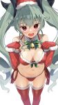 1girl absurdres anchovy_(girls_und_panzer) bare_shoulders bell bikini black_ribbon blaze_(blazeillust) blush bow bowtie breasts commentary_request detached_collar drill_hair elbow_gloves feet_out_of_frame fur-trimmed_bikini fur-trimmed_gloves fur-trimmed_headwear fur-trimmed_thighhighs fur_trim girls_und_panzer gloves green_bow green_bowtie green_hair hair_between_eyes hair_ribbon hands_up hat highres large_breasts long_hair looking_at_viewer navel neck_bell open_mouth red_bikini red_eyes red_gloves red_headwear red_thighhighs ribbon santa_bikini santa_costume santa_hat side-tie_bikini_bottom simple_background smile solo standing stomach string_bikini sweatdrop swimsuit thighhighs twin_drills twintails very_long_hair white_background 