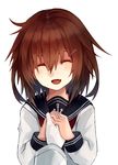  :d anchor_symbol blush brown_hair closed_eyes commentary fang gloves hair_ornament hairclip highres holding_hands ikazuchi_(kantai_collection) kantai_collection long_sleeves natsuyuki open_mouth out_of_frame pov pov_hands sailor_collar school_uniform serafuku smile solo_focus white_background 