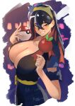  1girl absurdres black_hair breasts candy_apple carmine_(pokemon) collarbone colored_inner_hair crossed_bangs eyelashes food hair_between_eyes hairband highres japanese_clothes kasumi_saika kimono large_breasts long_hair looking_at_viewer mole mole_under_eye multicolored_hair poke_ball pokemon pokemon_sv smile solo teeth two-tone_hair yellow_eyes yellow_hairband yellow_headwear yukata 