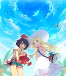  bag beanie black_hair blonde_hair braid cloud cosmog day dress gen_3_pokemon gen_4_pokemon gen_7_pokemon green_eyes green_shorts handbag hat kurochiroko lillie_(pokemon) long_hair mizuki_(pokemon) multiple_girls open_mouth palm_tree pikipek pokedex pokemon pokemon_(creature) pokemon_(game) pokemon_sm red_hat rotom rotom_dex see-through short_hair short_sleeves shorts sky sleeveless sleeveless_dress sun_hat tree twin_braids white_dress white_hat wingull 