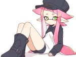  1girl black_footwear black_headwear closed_mouth commentary_request eyelashes full_body green_eyes hat inkling inkling_girl inuowour long_hair pink_hair pointy_ears shoes simple_background sitting solo splatoon_(series) tentacle_hair white_background 