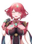  1girl :d ^_^ absurdres artist_name black_gloves blush breasts chest_jewel closed_eyes core_crystal_(xenoblade) covered_navel dangle_earrings earrings fingerless_gloves gloves headpiece highres jewelry large_breasts open_mouth pyra_(xenoblade) red_hair short_hair simple_background smile solo swept_bangs taro_(peach_taro51) tears upper_body white_background xenoblade_chronicles_(series) xenoblade_chronicles_2 