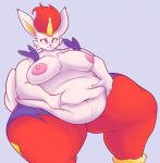 anthro areola bee-unit belly belly_grab belly_overhang belly_squish big_belly blue_body blue_bottomwear blue_clothing blue_fur blue_pants bottomwear breasts cheek_tuft chest_tuft cinderace clothed clothing deep_navel eyebrows eyelashes facial_tuft female fur generation_8_pokemon hair hi_res lagomorph leporid looking_at_viewer mammal medium_breasts multicolored_body multicolored_fur multicolored_pants navel nintendo nipples overweight overweight_anthro overweight_female pants pink_areola pink_nipples pokemon pokemon_(species) rabbit red_bottomwear red_clothing red_eyes red_hair red_nose red_pants sad scut_tail short_tail sitting snout solo squish tail thick_thighs three-quarter_view topless tuft white_body white_fur wide_hips